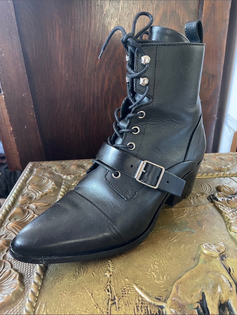 AllSaints Katy lace up heeled leather boots with buckle in black - Picture 3 of 5